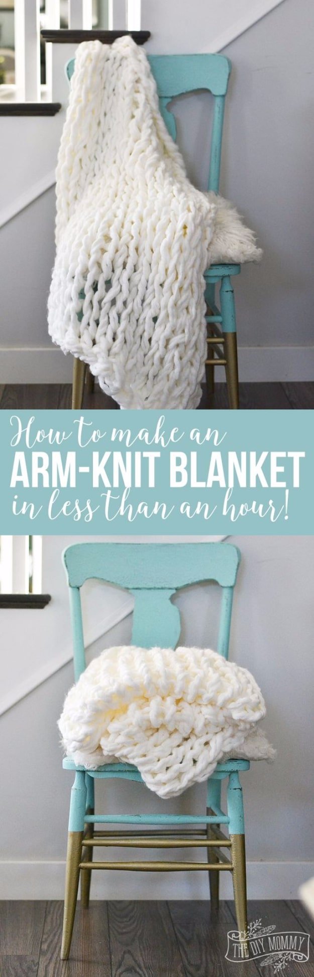 32 Easy Knitted Gifts - Arm Knit Blanket In Less Than An Hour - Last Minute Knitted Gifts, Best Knitted Gifts For Anyone, Easy Knitted Gifts To Make, Knitted Gifts For Friends, Easy Knitting Patterns For Beginners, Quick Knitting Ideas #knitting #gifts #diygifts