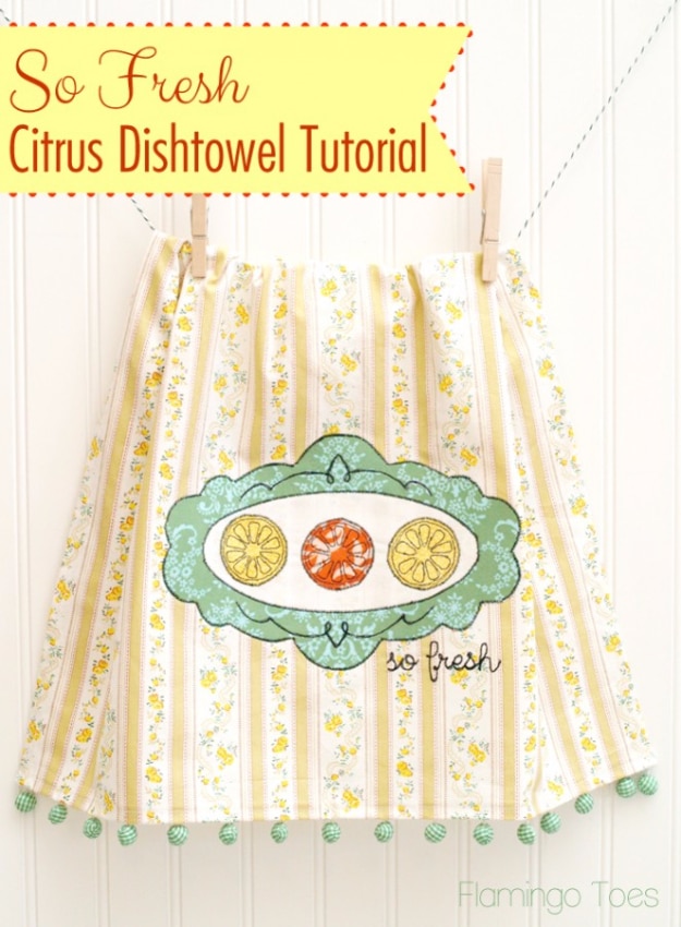 Quick DIY Gifts You Can Sew - Citrus Embroidered Dishtowel - Best Sewing Projects for Gift Giving and Simple Handmade Presents - Free Sewing Patterns Easy #sewing #diygifts 