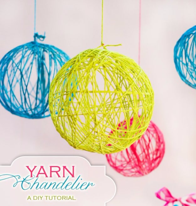 42 DIY Room Decor for Girls - Creative Yarn Chandelier - Awesome Do It Yourself Room Decor For Girls, Room Decorating Ideas, Creative Room Decor For Girls, Bedroom Accessories, Cute Room Decor For Girls 