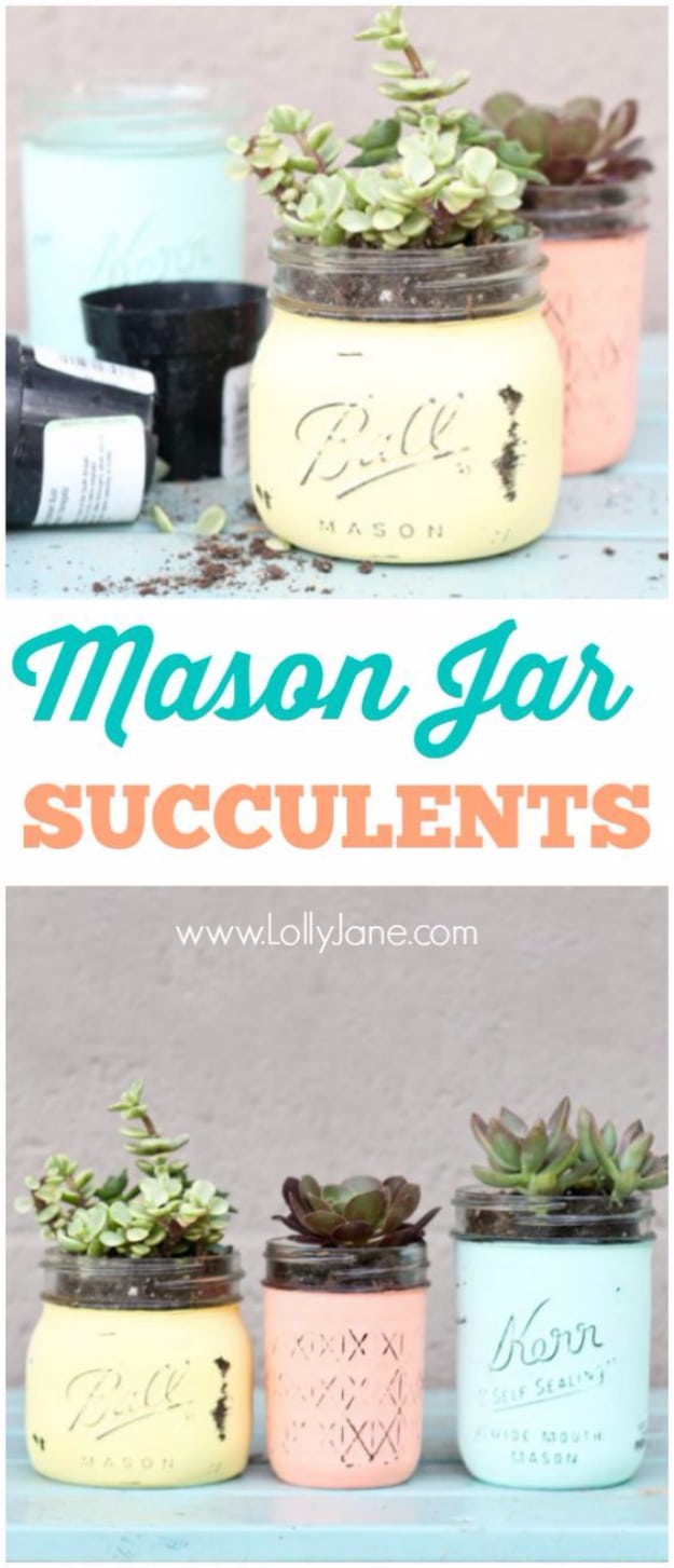 Mason Jar Crafts You Can Make In Under an Hour - DIY Mason Jar Succulent Pots - Quick Mason Jar DIY Projects that Make Cool Home Decor and Awesome DIY Gifts - Best Creative Ideas for Mason Jars with Step By Step Tutorials and Instructions - For Teens, For Home, For Gifts, For Kids, For Summer, For Fall #masonjarcrafts #easycrafts 