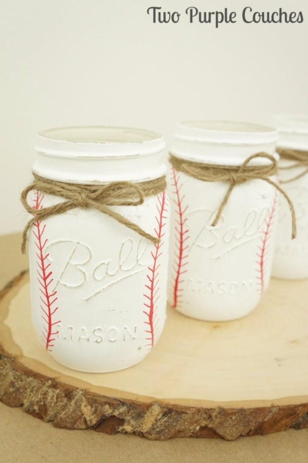 Mason Jar Crafts You Can Make In Under an Hour -DIY Painted Baseball Mason Jars - Quick Mason Jar DIY Projects that Make Cool Home Decor and Awesome DIY Gifts - Best Creative Ideas for Mason Jars with Step By Step Tutorials and Instructions - For Teens, For Home, For Gifts, For Kids, For Summer, For Fall #masonjarcrafts #easycrafts 