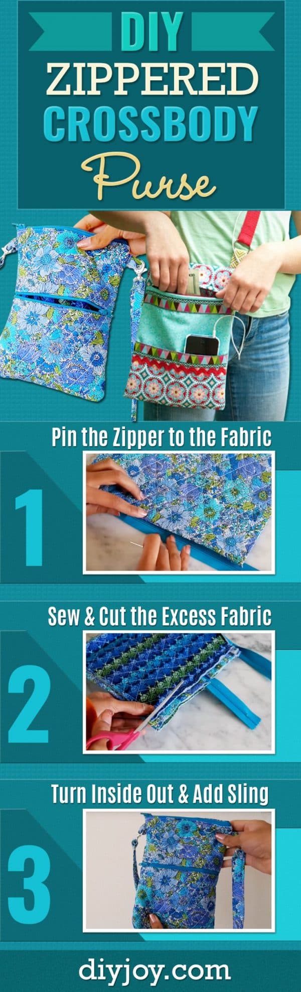 DIY Zippered Cross Body Purse - Easy Sewing Project With Step by Step Tutorial and Video - Free Sewing Patterns and Ideas - Cute DIY Fashion and Handmade Gift Ideas for Women - DIY Projects and Crafts to Sew for Friends and Family