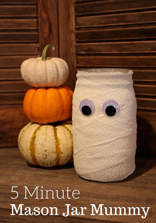 DIY Halloween Decorations - Halloween Mason Jar Mummy - Best Easy, Cheap and Quick Halloween Decor Ideas and Crafts for Inside and Outside Your Home - Scary, Creepy Cute and Fun Outdoor Project Tutorials 