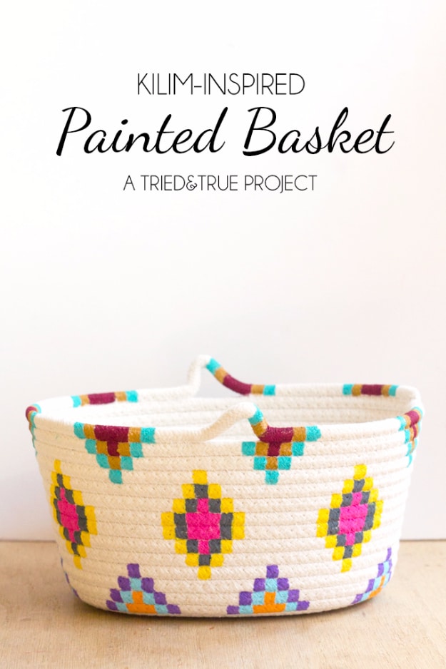 DIY Gifts for Mom - Kilim Inspired Painted Basket for Bedroom or Laundry- Best Craft Projects and Gift Ideas You Can Make for Your Mother - Last Minute Presents for Birthday and Christmas - Creative Photo Projects, Bath Ideas, Thoughtful Things to Give Moms