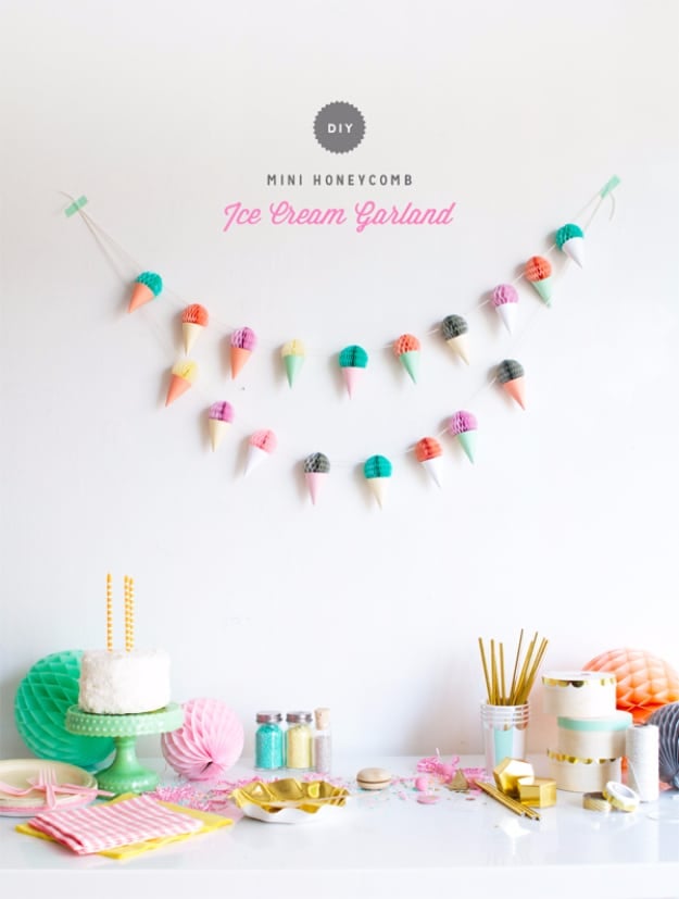 39 Easy DIY Party Decorations - Mini Honeycomb Ice Cream Garland - Quick And Cheap Party Decors, Easy Ideas For DIY Party Decor, Birthday Decorations, Budget Do It Yourself Party Decorations #diyparties #party #partydecor #parties