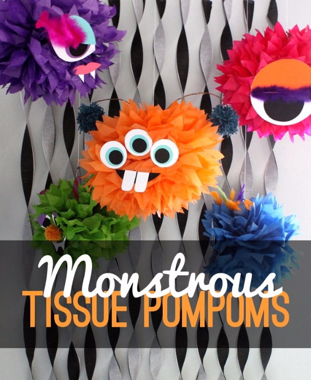 DIY Halloween Decorations - Monstrous Tissue Pom Poms - Best Easy, Cheap and Quick Halloween Decor Ideas and Crafts for Inside and Outside Your Home - Scary, Creepy Cute and Fun Outdoor Project Tutorials 