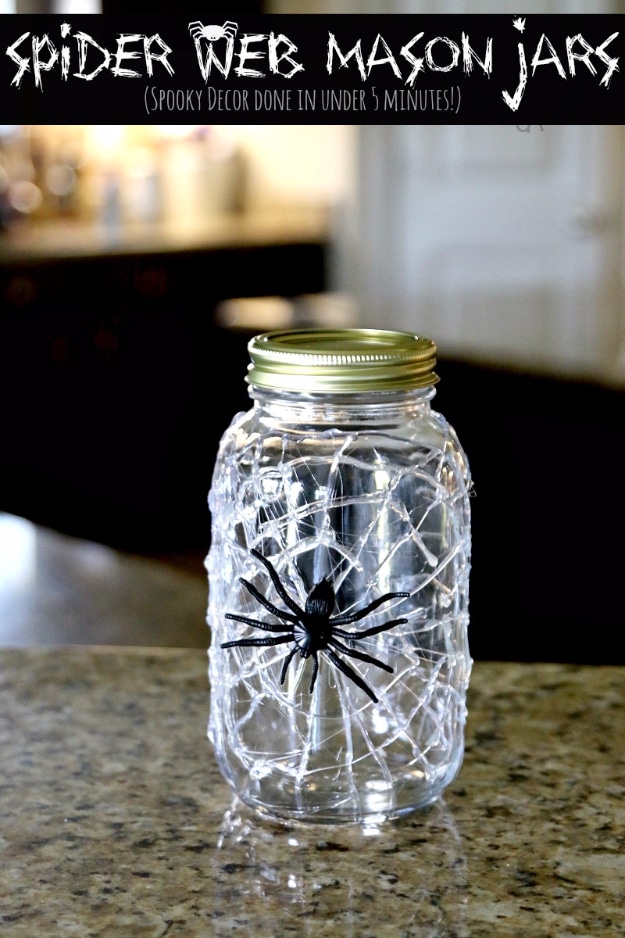 DIY Halloween Decorations - Spider Web Mason Jar - Easy DIY Halloween Decorations | Quick Ideas for Adults, Kids and Teens | cute ghost milk jugs - Best Easy, Cheap and Quick Halloween Decor Ideas and Crafts for Inside and Outside Your Home - Scary, Creepy Cute and Fun Outdoor Project Tutorials 