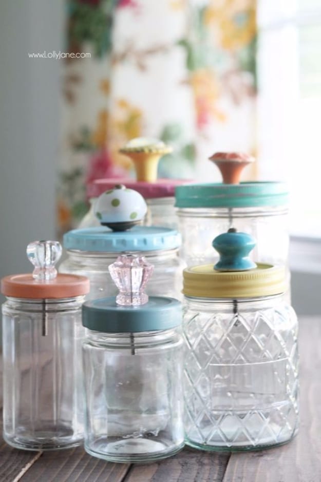 Mason Jar Crafts You Can Make In Under an Hour - Upcycled Mason Jar With Pretty Glass Knob Tops- Quick Mason Jar DIY Projects that Make Cool Home Decor and Awesome DIY Gifts - Best Creative Ideas for Mason Jars with Step By Step Tutorials and Instructions - For Teens, For Home, For Gifts, For Kids, For Summer, For Fall #masonjarcrafts #easycrafts