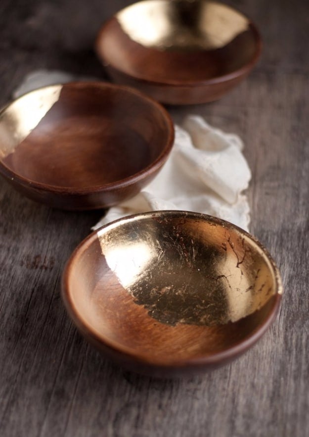 DIY Projects With Old Plates and Dishes - Wooden Bowls With Gold Leaf - Creative Home Decor for Rustic, Vintage and Farmhouse Looks. Upcycle With These Best Crafts and Project Tutorials #diy #kitchen #crafts