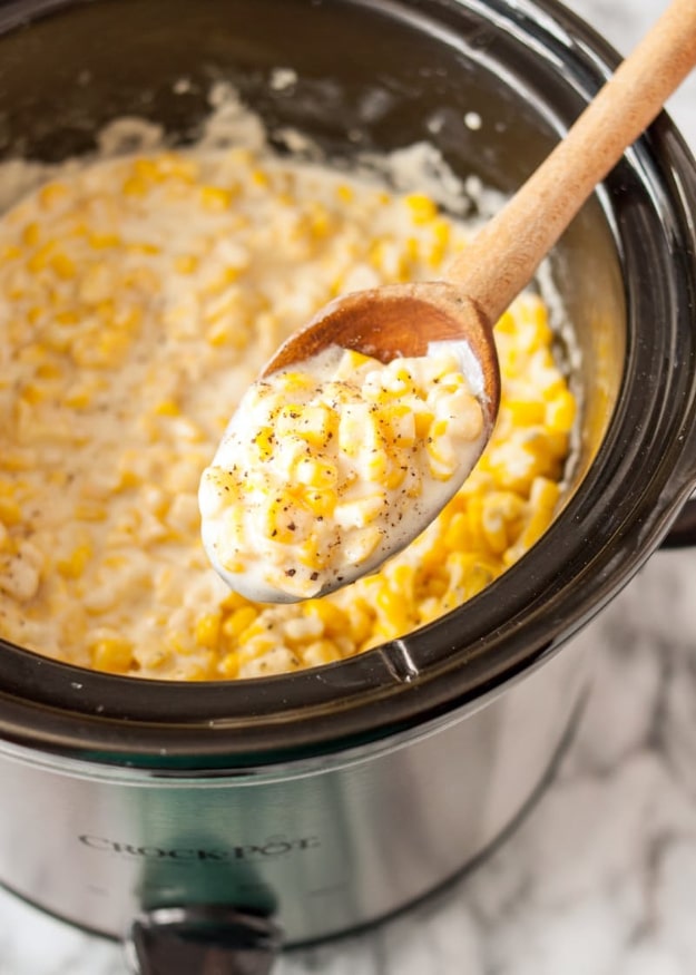 Thanksgiving Recipes You Can Make In A Crockpot or Slow Cooker - Creamed Corn In The Slow Cooker - Soups, Stews, Desserts, Dips, Sides and Vegetable Recipe Ideas for Your Crock Pot #thanksgiving #recipes