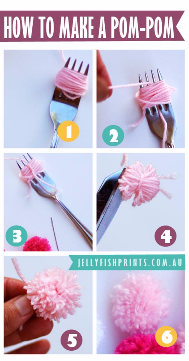 DIY Crafting Hacks - DIY Pom Pom Garland Using A Fork - Easy Crafting Ideas for Quick DIY Projects - Awesome Creative, Crafty Ways for Dollar Store, Organizing, Yarn, Scissors and Pom Poms 