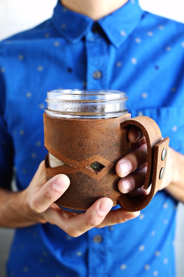 DIY Gifts for Dad - Leather Mason Jar Sleeve - Best Craft Projects and Gift Ideas You Can Make for Your Father - Last Minute Presents for Birthday and Christmas - Creative Photo Projects, Gift Card Holders, Gift Baskets and Thoughtful Things to Give Fathers and Dads #diygifts #dad #dadgifts #fathersday