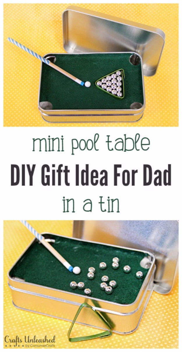 DIY Gifts for Dad - Mini Pool Table in a Tin - Best Craft Projects and Gift Ideas You Can Make for Your Father - Last Minute Presents for Birthday and Christmas - Creative Photo Projects, Gift Card Holders, Gift Baskets and Thoughtful Things to Give Fathers and Dads #diygifts #dad #dadgifts #fathersday