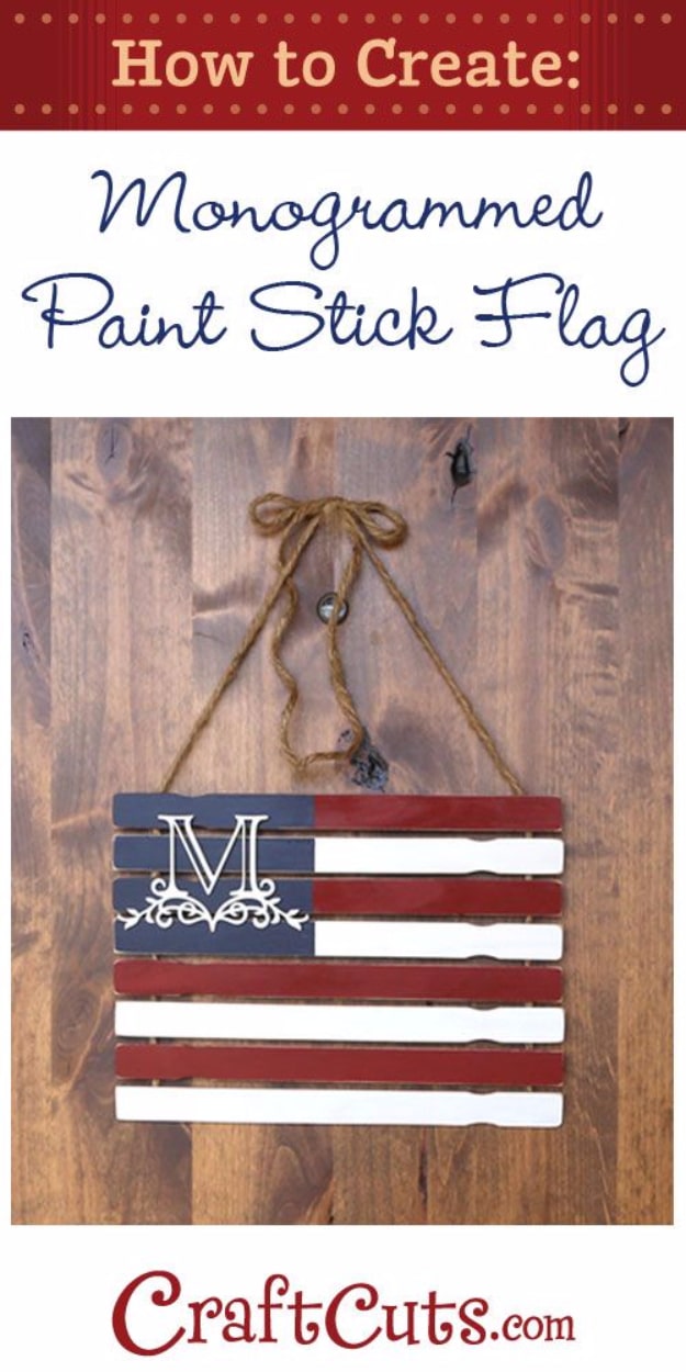 DIY Projects Made With Paint Sticks - Monogrammed Paint Stick Flag - Best Creative Crafts, Easy DYI Projects You Can Make With Paint Sticks From The Hardware Store - Cool Paint Stick Crafts and Furniture Project Tutorials #diy