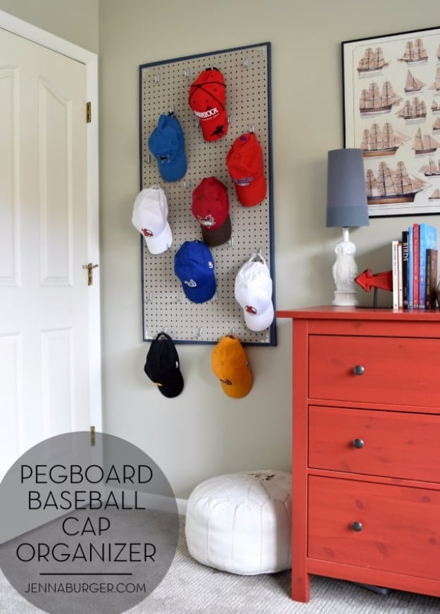 DIY Room Decor for Boys - Pegboard Baseball Cap Organizer - Best Creative Bedroom Ideas for Boy Rooms - Wall Art, Lamps, Rugs, Lamps, Beds, Bedding and Furniture You Can Make for Teens, Tweens and Teenagers #diy #homedecor #boys