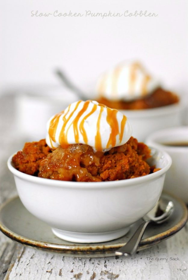Thanksgiving Recipes You Can Make In A Crockpot or Slow Cooker - Slow Cooker Pumpkin Cobbler - Soups, Stews, Desserts, Dips, Sides and Vegetable Recipe Ideas for Your Crock Pot #thanksgiving #recipes