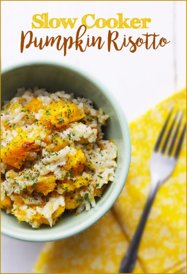 Thanksgiving Recipes You Can Make In A Crockpot or Slow Cooker - Slow Cooker Pumpkin Risotto - Soups, Stews, Desserts, Dips, Sides and Vegetable Recipe Ideas for Your Crock Pot #thanksgiving #recipes