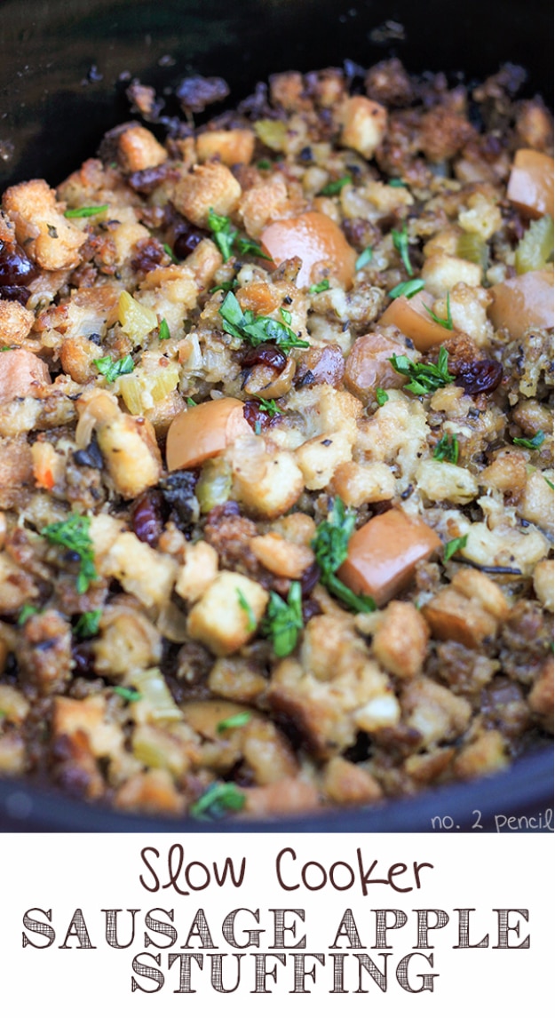 Thanksgiving Recipes You Can Make In A Crockpot or Slow Cooker - Slow Cooker Sausage Apple Stuffing - Soups, Stews, Desserts, Dips, Sides and Vegetable Recipe Ideas for Your Crock Pot #thanksgiving #recipes
