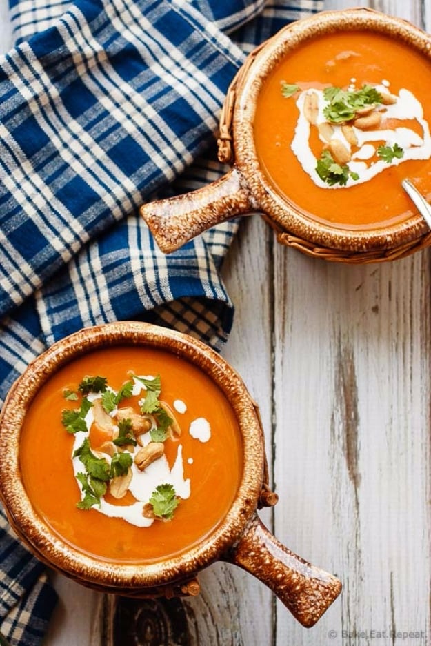 Thanksgiving Recipes You Can Make In A Crockpot or Slow Cooker - Slow Cooker Thai Pumpkin Soup - Soups, Stews, Desserts, Dips, Sides and Vegetable Recipe Ideas for Your Crock Pot #thanksgiving #recipes