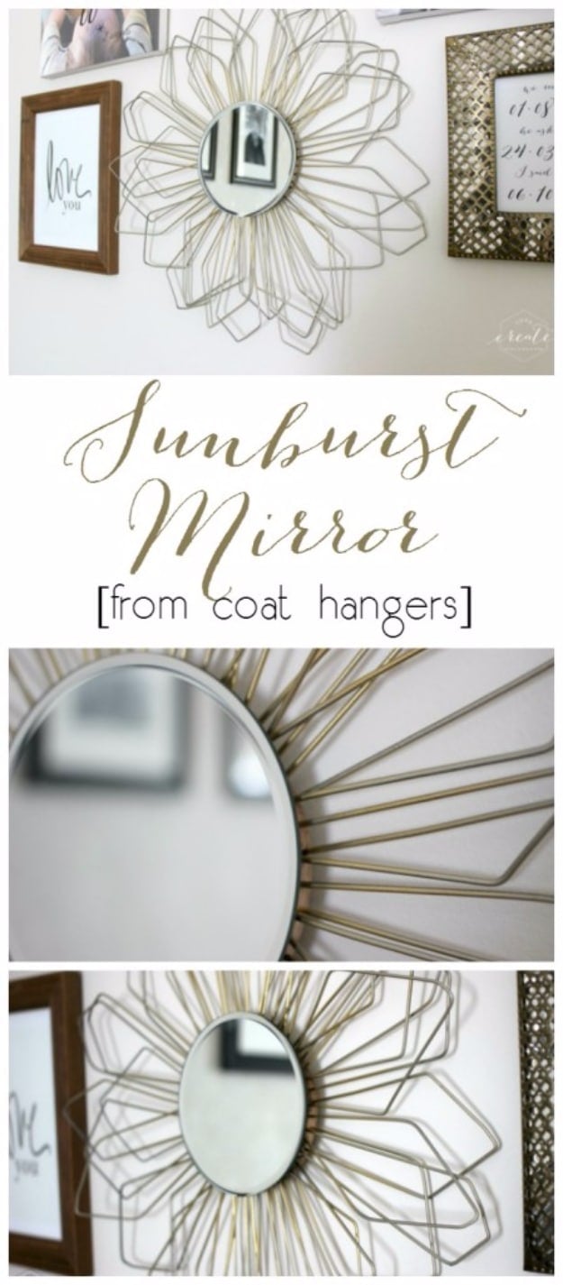 DIY Mirrors - Sunburst Mirror From Coat Hangers - Best Do It Yourself Mirror Projects and Cool Crafts Using Mirrors - Home Decor, Bedroom Decor and Bath Ideas - Step By Step Tutorials With Instructions 