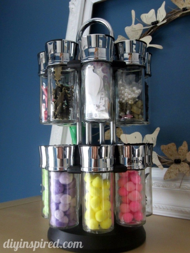 DIY Crafting Hacks - Use Rotating Spice Rack TO Contain Small Supplies - Easy Crafting Ideas for Quick DIY Projects - Awesome Creative, Crafty Ways for Dollar Store, Organizing, Yarn, Scissors and Pom Poms 