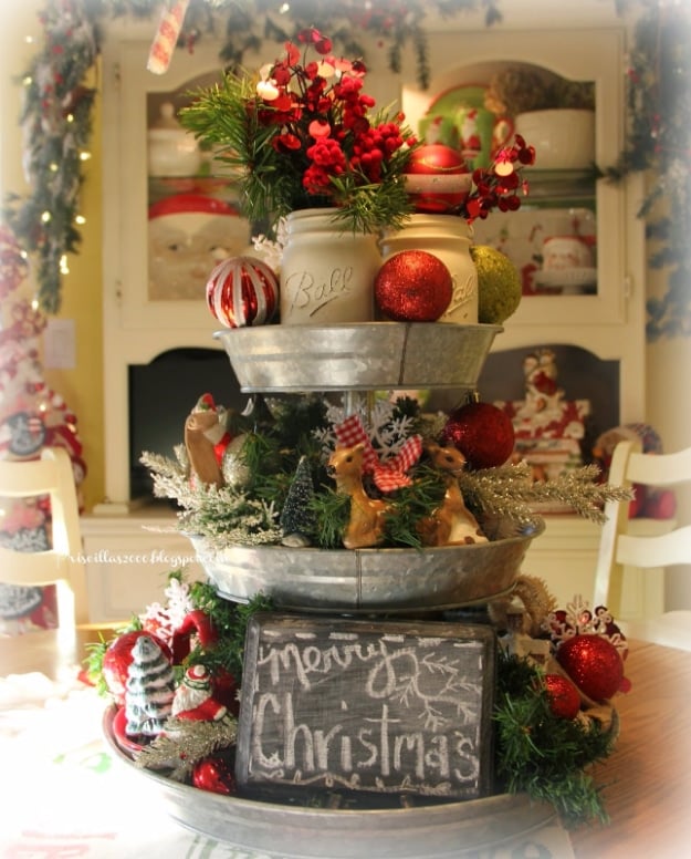DIY Christmas Centerpieces - Christmas Galvanized Tray Centerpiece - Simple, Easy Holiday Decorating Ideas on A Budget- cheap dollar store crafts holiday #holiday #crafts #christmas