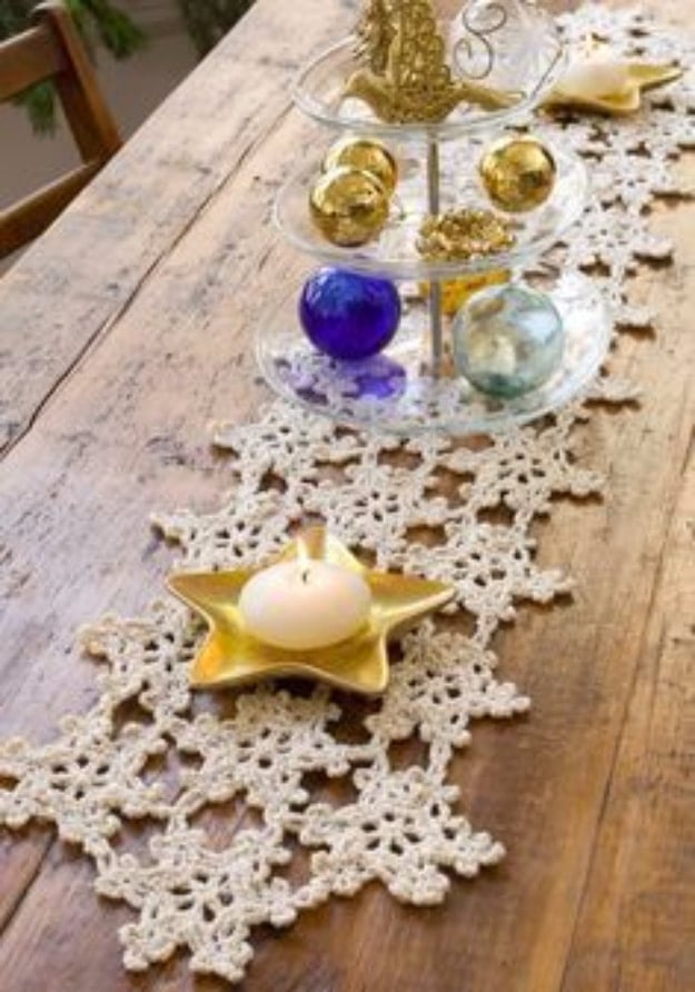 Best DIY Snowflake Decorations, Ornaments and Crafts - Crocheted Snowflake Table Runner - Paper Crafts with Snowflakes, Pipe Cleaner Projects, Mason Jars and Dollar Store Ideas - Easy DIY Ideas to Decorate for Winter#winter #crafts #diy