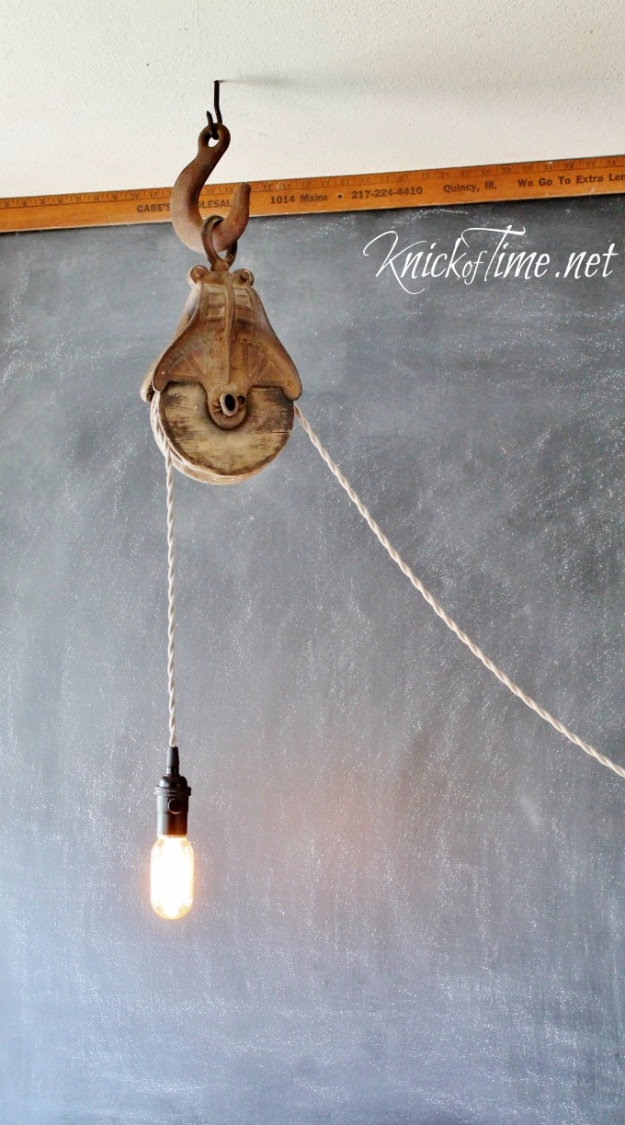 DIY Farmhouse Style Decor Ideas for the Bedroom - DIY Barn Pulley Light - Rustic Farm House Ideas for Furniture, Paint Colors, Farm House Decoration for Home Decor in The Bedroom - Wall Art, Rugs, Nightstands, Lights and Room Accessories #diyideas #diyfurniture