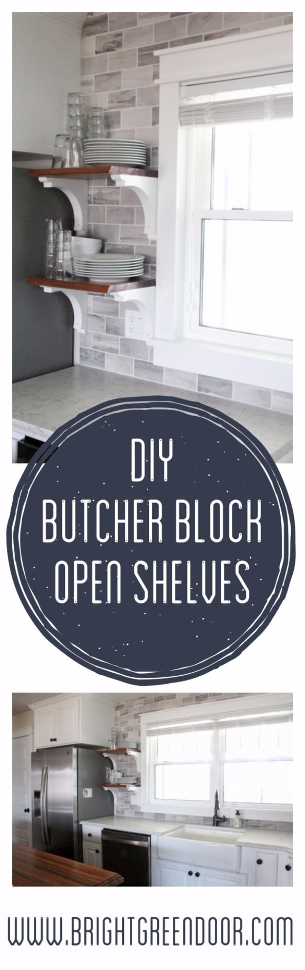 DIY Farmhouse Style Decor Ideas for the Kitchen - DIY Butcher Block Open Shelves - Rustic Farm House Ideas for Furniture, Paint Colors, Farm House Decoration for Home Decor in The Kitchen - Wall Art, Rugs, Countertops, Lights and Kitchen Accessories #farmhouse #diydecor