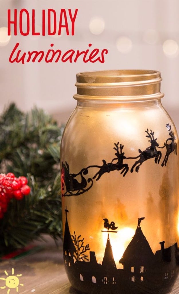 DIY Christmas Luminaries and Home Decor for The Holidays - DIY Holiday Mason Jar Luminaries - Cool Candle Holders, Tea Lights, Holiday Gift Ideas, Christmas Crafts for Kids #diy #luminaries #christmas