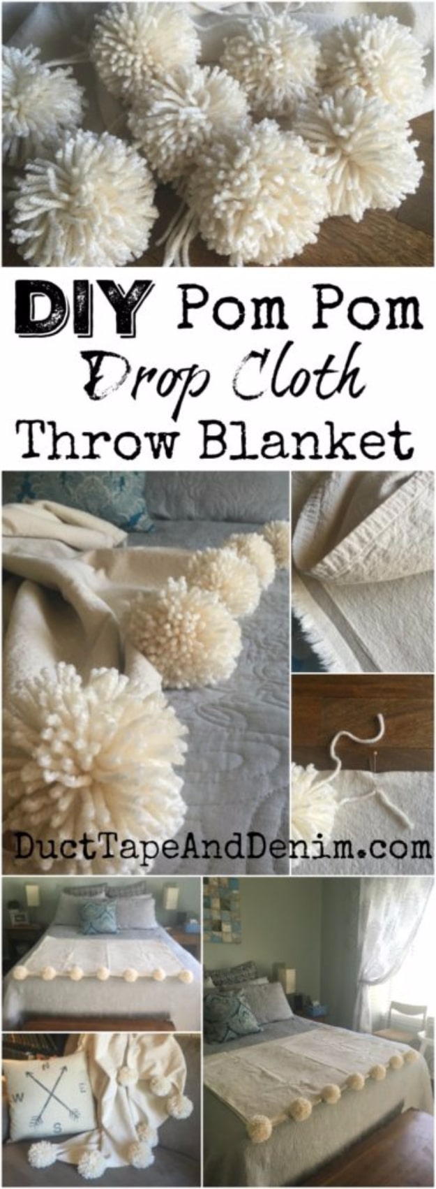 DIY Blankets and Throws - DIY Pom Pom Drop Cloth Throw Blanket - How To Make Easy Home Decor and Warm Covers for Women, Kids, Teens and Adults - Fleece, Knit, No Sew and Easy Projects to Make for Bed and Sofa 