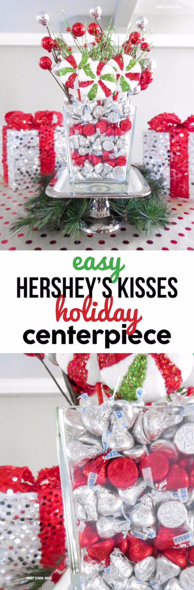 DIY Christmas Centerpieces - Easy Hershey's Kisses Holiday Centerpiece - Simple, Easy Holiday Decorating Ideas on A Budget- cheap dollar store crafts holiday #holiday #crafts #christmas