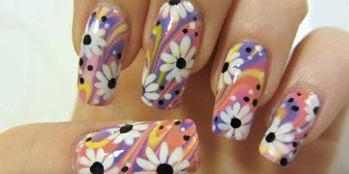 Watch How She Does This Colorful Flower Design with Water Marbling Nail Art!