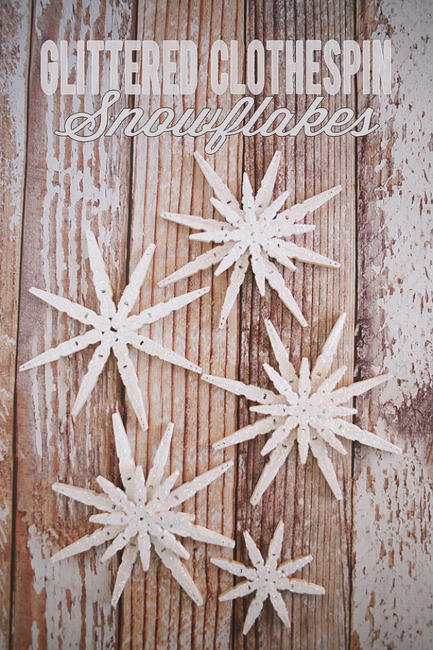 Best DIY Snowflake Decorations, Ornaments and Crafts - Glittered Clothespin Snowflakes - Paper Crafts with Snowflakes, Pipe Cleaner Projects, Mason Jars and Dollar Store Ideas - Easy DIY Ideas to Decorate for Winter#winter #crafts #diy