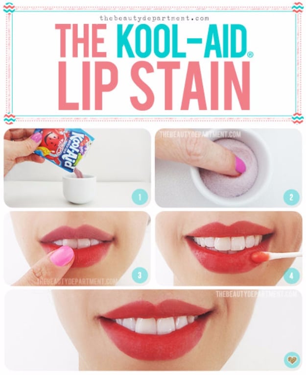 Cool DIY Makeup Hacks for Quick and Easy Beauty Ideas - Kool Aid Lip Stain - How To Fix Broken Makeup, Tips and Tricks for Mascara and Eye Liner, Lipstick and Foundation Tutorials - Fast Do It Yourself Beauty Projects for Women 