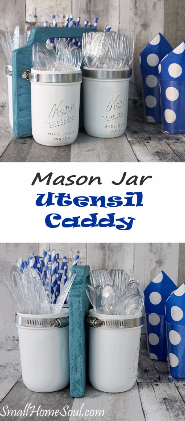 DIY Farmhouse Style Decor Ideas for the Kitchen - Mason Jar Utensil Caddy - Rustic Farm House Ideas for Furniture, Paint Colors, Farm House Decoration for Home Decor in The Kitchen - Wall Art, Rugs, Countertops, Lights and Kitchen Accessories #farmhouse #diydecor