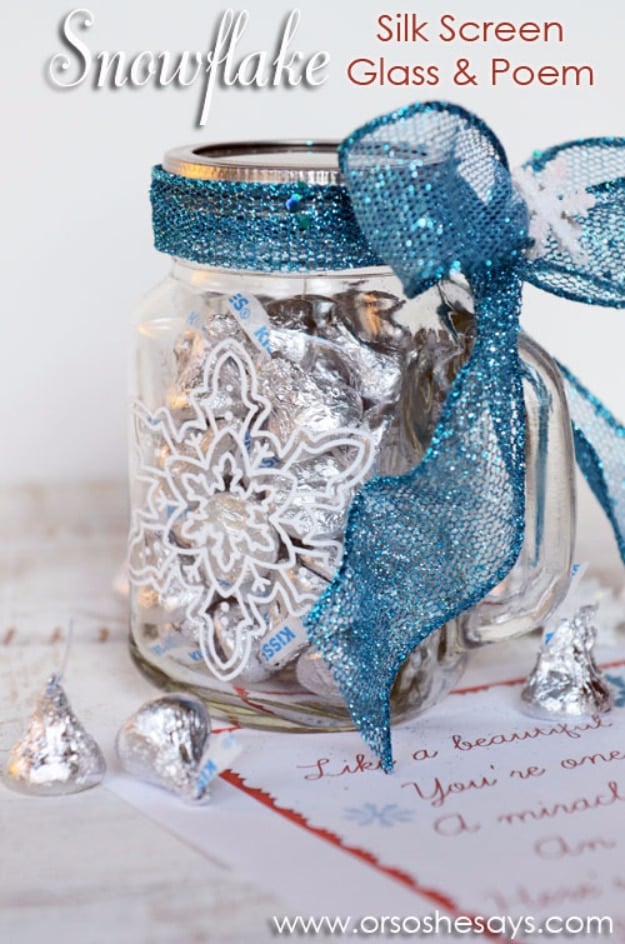 Best DIY Snowflake Decorations, Ornaments and Crafts - Snowflake Silk Screen Glass And Poem - Paper Crafts with Snowflakes, Pipe Cleaner Projects, Mason Jars and Dollar Store Ideas - Easy DIY Ideas to Decorate for Winter#winter #crafts #diy