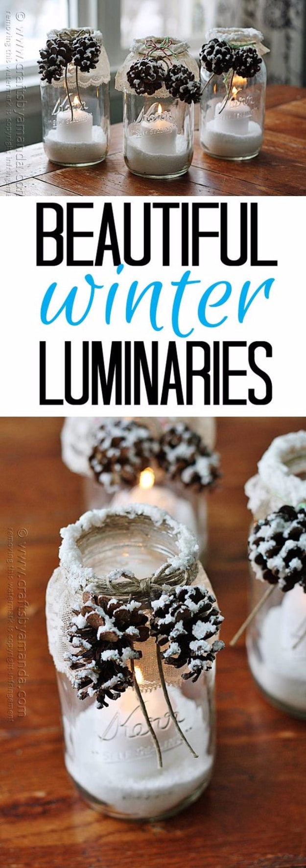 DIY Christmas Luminaries and Home Decor for The Holidays - Snowy Pinecone Candle Jars - Cool Candle Holders, Tea Lights, Holiday Gift Ideas, Christmas Crafts for Kids #diy #luminaries #christmas