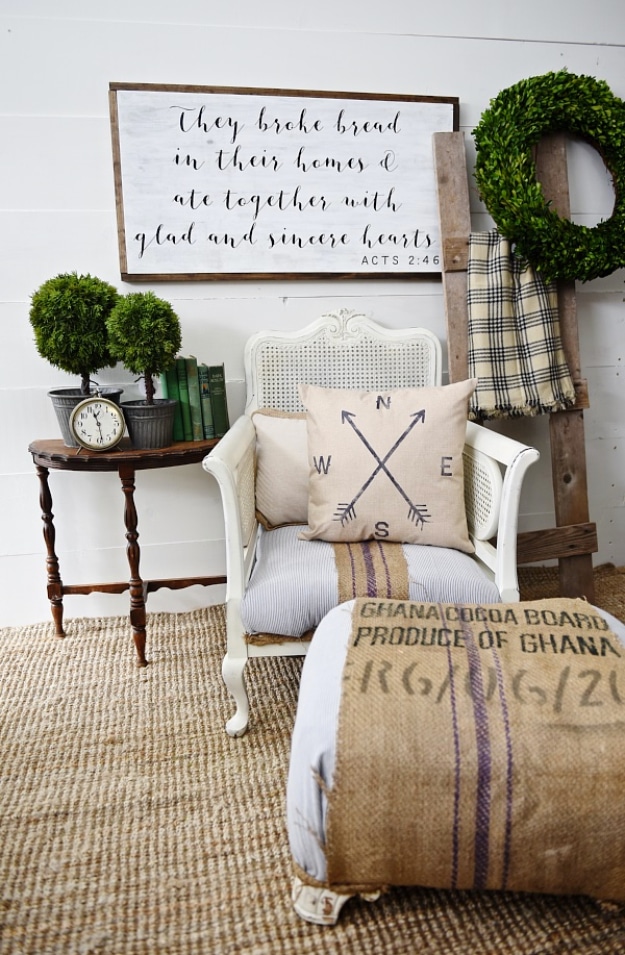 DIY Farmhouse Style Decor Ideas for the Bedroom - Striped Grain Sack Chair Makeover - Rustic Farm House Ideas for Furniture, Paint Colors, Farm House Decoration for Home Decor in The Bedroom - Wall Art, Rugs, Nightstands, Lights and Room Accessories #diyideas #diyfurniture