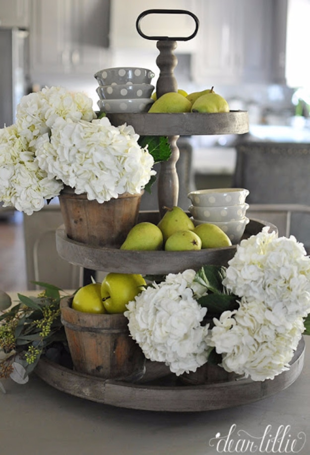 DIY Farmhouse Style Decor Ideas for the Kitchen - Three Tiered Tray Wooden Centerpiece - Rustic Farm House Ideas for Furniture, Paint Colors, Farm House Decoration for Home Decor in The Kitchen - Wall Art, Rugs, Countertops, Lights and Kitchen Accessories #farmhouse #diydecor