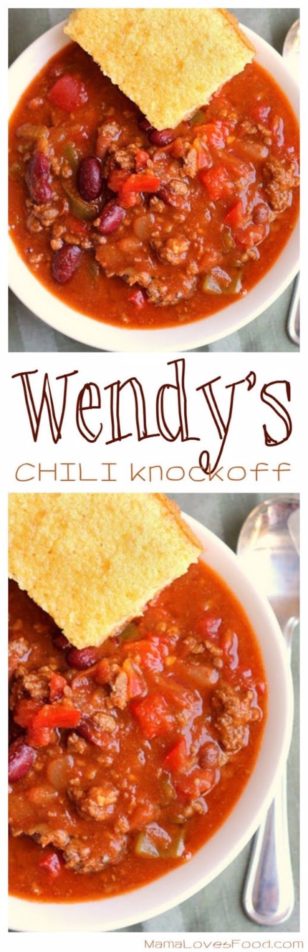  Best Copycat Recipes From Top Restaurants - Wendy's Chili Knock Off - Awesome Recipe Knockoffs and Recipe Ideas from Chipotle Restaurant, Starbucks, Olive Garden, Cinabbon, Cracker Barrel, Taco Bell, Cheesecake Factory, KFC, Mc Donalds, Red Lobster, Panda Express #recipes #copycat #dinnerideas 