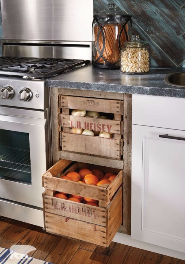 DIY Farmhouse Style Decor Ideas for the Kitchen - Wooden Crate Kitchen Storage - Rustic Farm House Ideas for Furniture, Paint Colors, Farm House Decoration for Home Decor in The Kitchen - Wall Art, Rugs, Countertops, Lights and Kitchen Accessories #farmhouse #diydecor