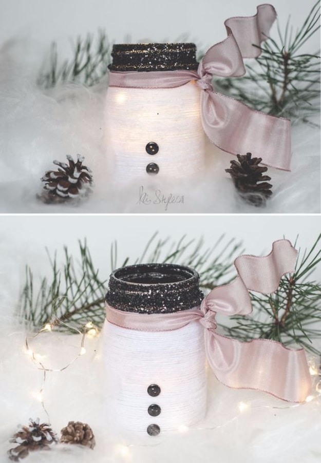 DIY Christmas Luminaries and Home Decor for The Holidays - Yarn Snowman Mason Jar Luminary - Cool Candle Holders, Tea Lights, Holiday Gift Ideas, Christmas Crafts for Kids #diy #luminaries #christmas