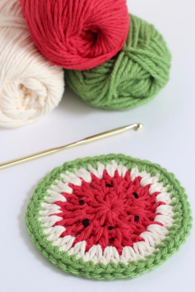 DIY Coasters - Crochet Watermelon Coasters - Best Quick DIY Gifts and Home Decor - Easy Step by Step Tutorials for DIY Coaster Projects - Mod Podge, Tile, Painted, Photo and Sewing Projects - Cool Christmas Presents for Him and Her - DIY Projects and Crafts by DIY Joy 