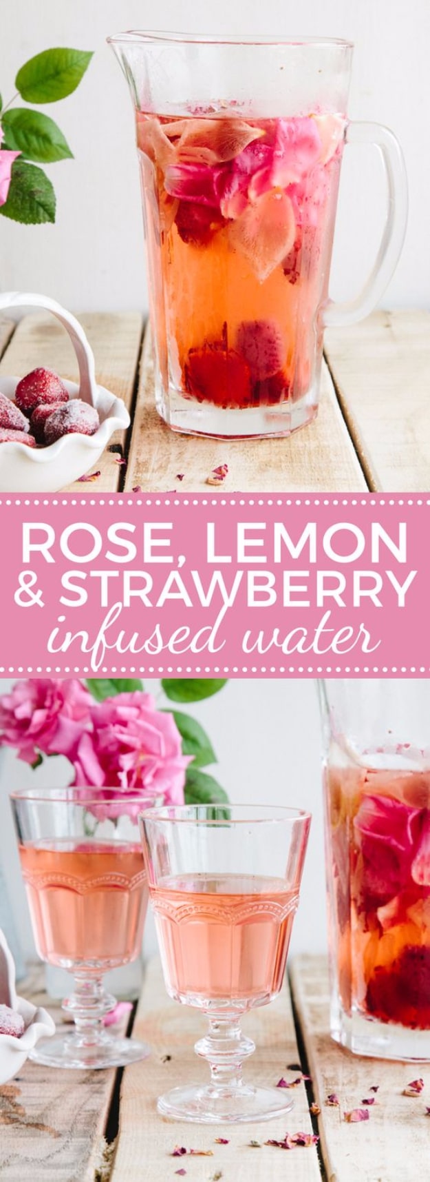 Best DIY Detox Waters and Recipes - Rose Lemon And Strawberry Infused Water - Homemade Detox Water Instructions and Tutorials - Lose Weight and Remove Toxins From the Body for Your New Years Resolutions - Easy and Quick Recipe Ideas for Getting Healthy in 2017 - DIY Projects and Crafts by DIY Joy 