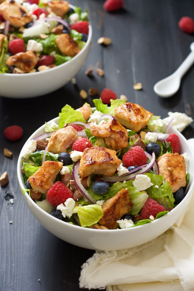 Healthy Lunch Ideas for Work - Blueberry Goat Cheese Chicken Salad With Peanut Dijon Dressing - Quick and Easy Recipes You Can Pack for Lunches at the Office - Lowfat and Simple Ideas for Eating on the Job - Microwave, No Heat, Mason Jar Salads, Sandwiches, Wraps, Soups and Bowls 