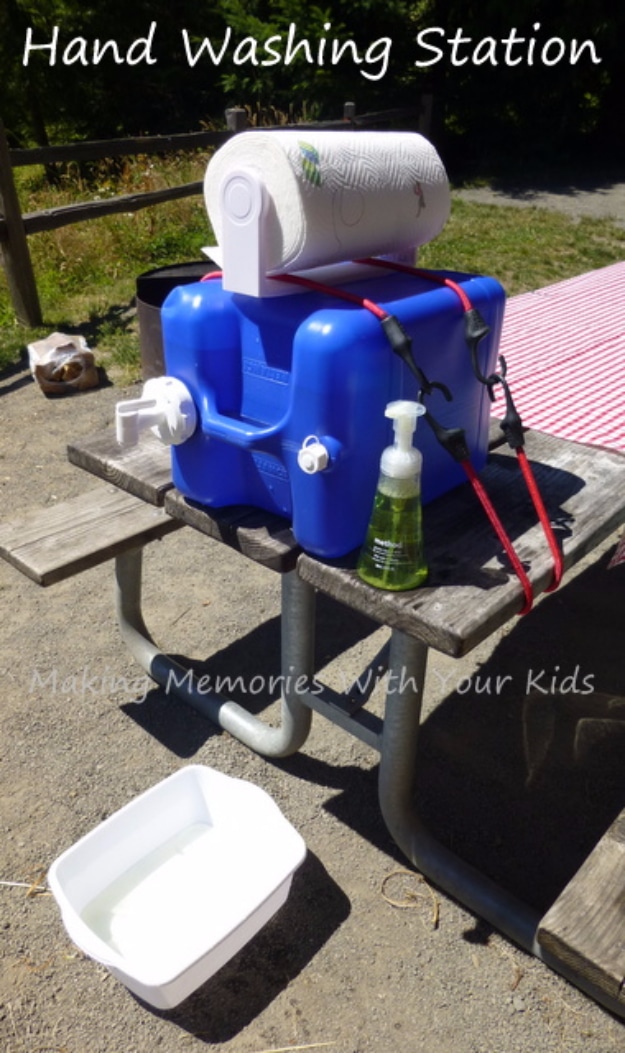 DIY Camping Hacks - Camping Hand Washing Station - Easy Tips and Tricks, Recipes for Camping - Gear Ideas, Cheap Camping Supplies, Tutorials for Making Quick Camping Food, Fire Starters, Gear Holders #diy #camping