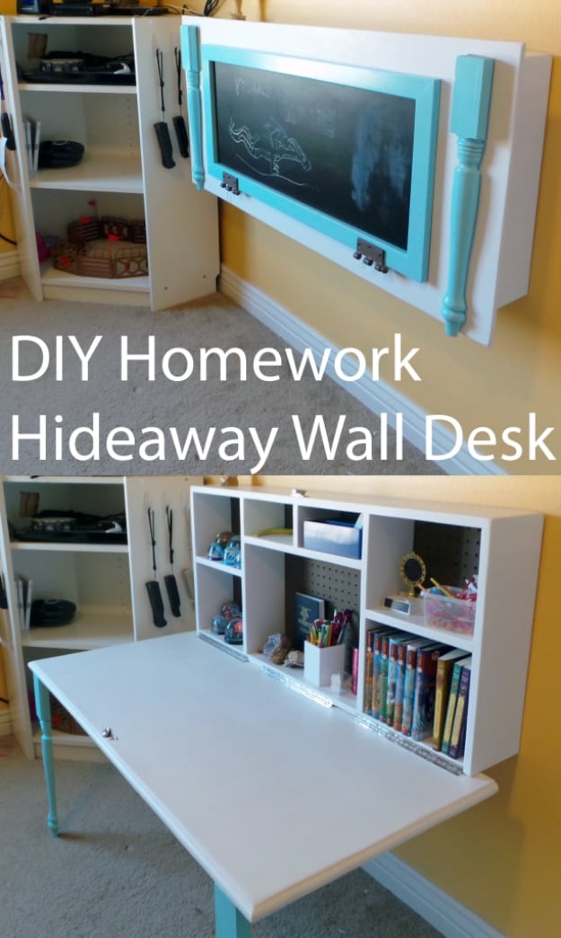 DIY Organizing Ideas for Kids Rooms - DIY Kids Homework Hideaway Wall Desk - Easy Storage Projects for Boy and Girl Room - Step by Step Tutorials to Get Toys, Books, Baby Gear, Games and Clothes Organized #diy #kids #organizing