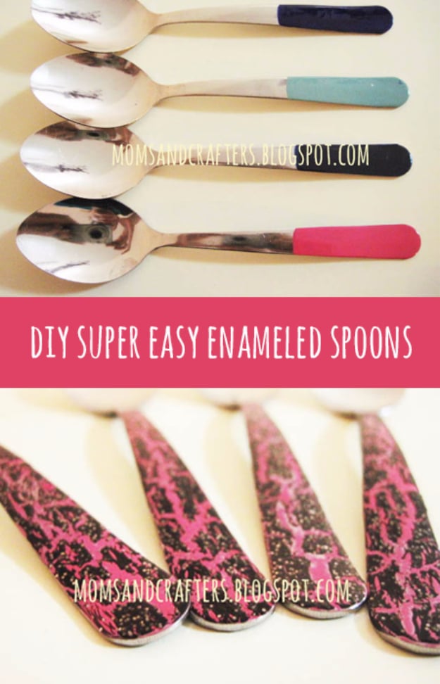 DIY Nail Polish Crafts - DIY Super Easy Enameled Spoons - Easy and Cheap Craft Ideas for Girls, Teens, Tweens and Adults | Fun and Cool DIY Projects You Can Make With Fingernail Polish - Do It Yourself Wire Flowers, Glue Gun Craft Projects and Jewelry Made From nailpolish - Water Marble Tutorials and How To With Step by Step Instructions s
