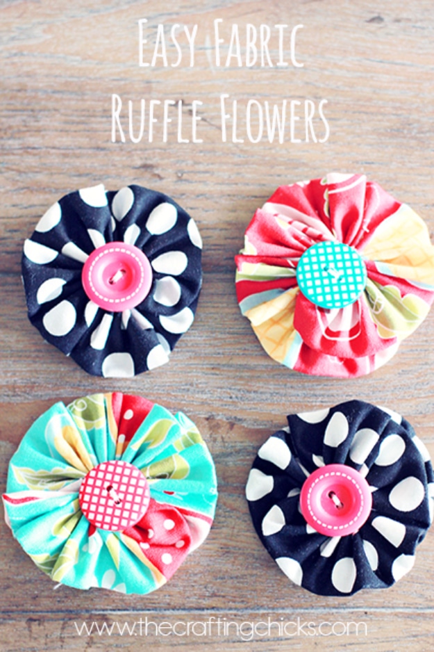 DIY Projects and Crafts Made With Buttons - Easy Fabric Ruffle Flowers - Easy and Quick Projects You Can Make With Buttons - Cool and Creative Crafts, Sewing Ideas and Homemade Gifts for Women, Teens, Kids and Friends - Home Decor, Fashion and Cheap, Inexpensive Fun Things to Make on A Budget 